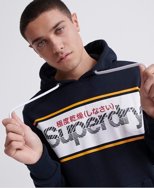 Superdry Core Logo Stripe Loopback Férfi Kapucnis Pulóver Sötétkék | GYLMX4719